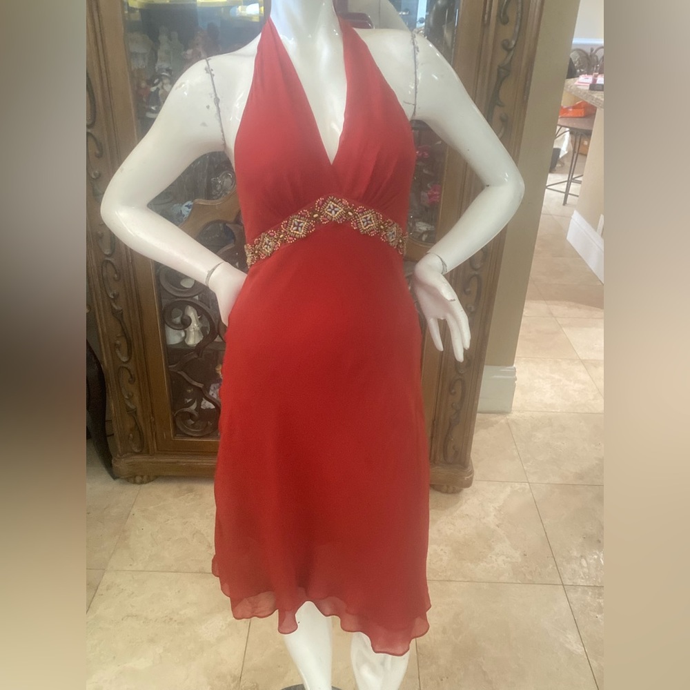 BCBGMAXAZRIA BCBG Beaded Halter Silk Dress Sz 2